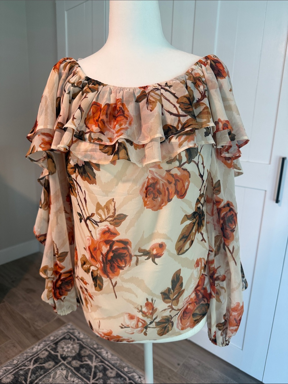 White House Black Floral Off-Shoulder Ruffle Blouse - Cream with Rust Rose Print